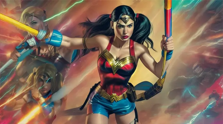 Wonder Woman in her classic costume, lasso glowing, arm raised in a fist pump.Lara Croft in her signature tank top and shorts, dual pistols at the ready, smirking confidently.Harley Quinn in her colorful outfit, wielding her baseball bat, with a mischievous grin.
Storm (from X-Men) hovering slightly, eyes glowing white, electricity crackling around her hands.