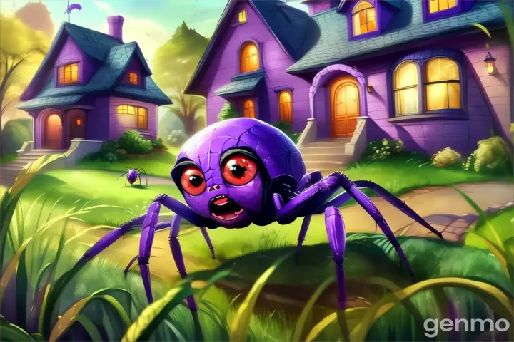 a purple spider in front of a purple house