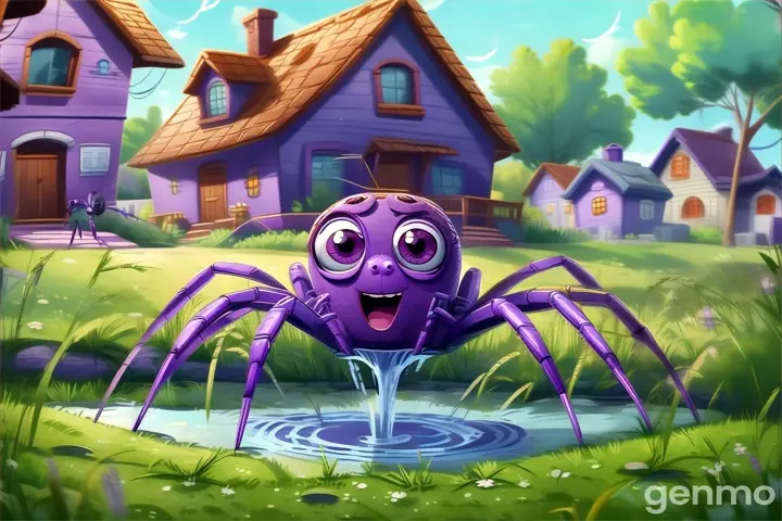 a purple spider in front of a purple house