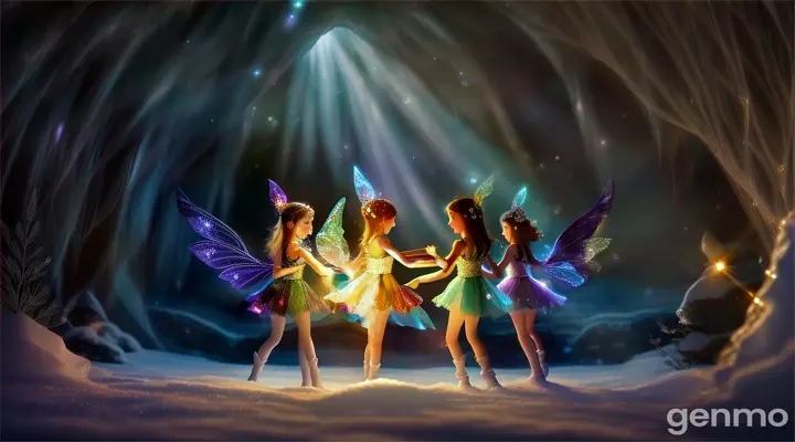 creation of a group of fairies  named sparkle flickers with its shimmering wings   flew  Inside the cave, they discovered a dark crystal absorbing the light from the snow. . 16:9
