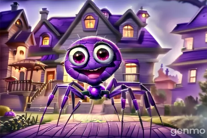 a purple spider is standing in front of a house