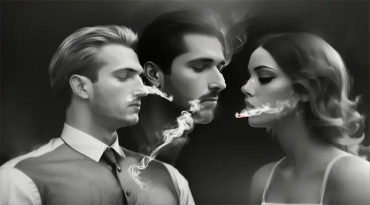 a sketch of a man and a woman created by cigarette smoke on a black background