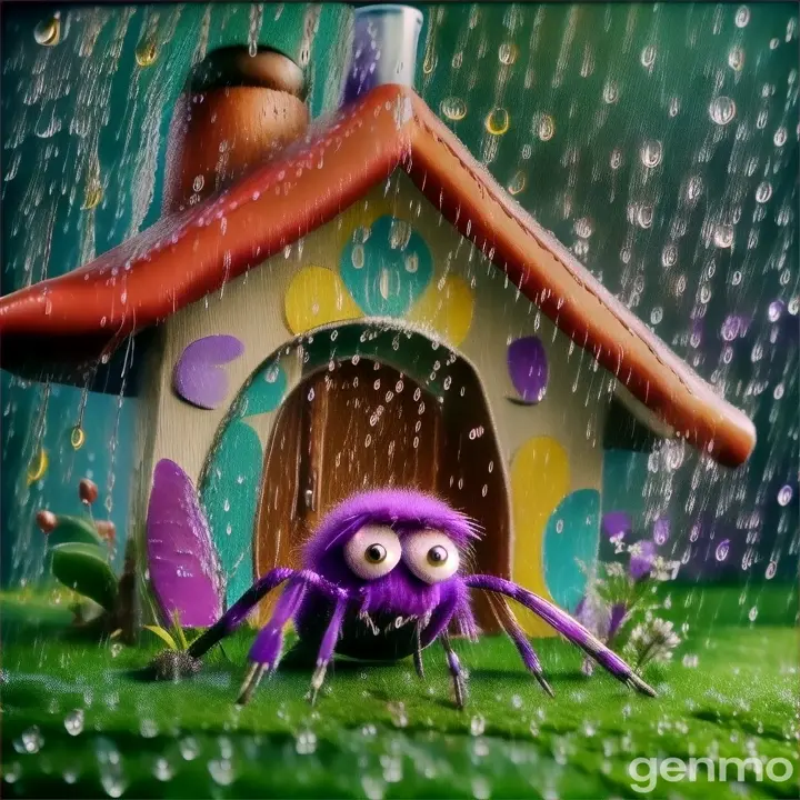 a purple spider dancing in front of a house in rain