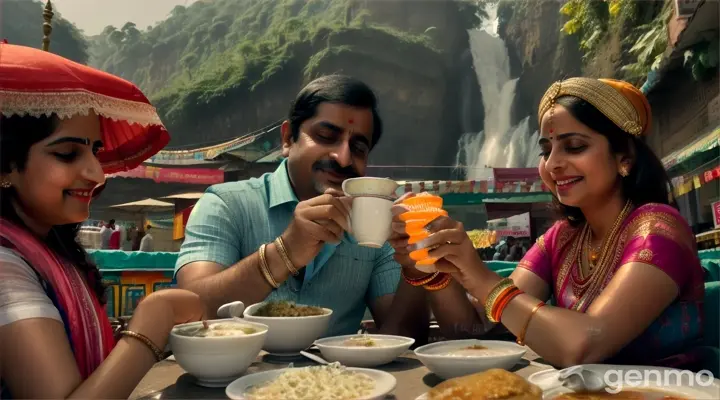 Scene 5: Fun in Lonavala (Bridge)
Setting: Lonavala.

Raj and Aisha are shown sipping tea at a local stall, enjoying pav bhaji.
They visit a waterfall, play in the water, and take cheerful photos.
Raj: (singing)
In Lonavala, we'll drink tea,
Enjoy the taste of pav bhaji
We'll dance at the waterfall,
Taking photos, laughing together