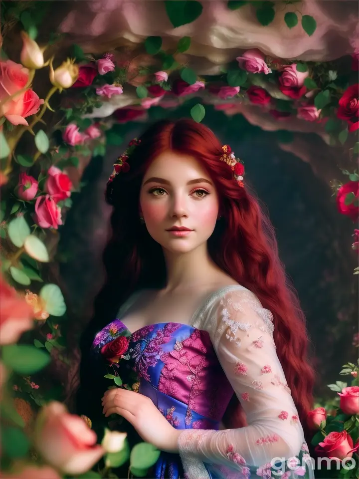 Ariel in floral frok in a rose cave