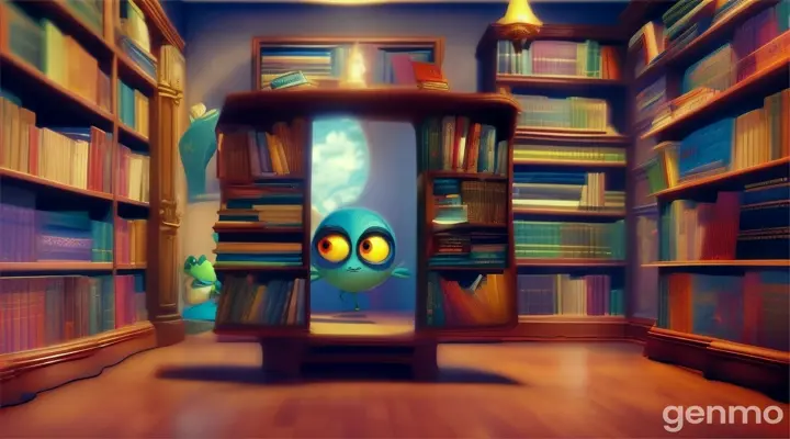 a  bookcase with big eyes ,hands, legs, running through a room