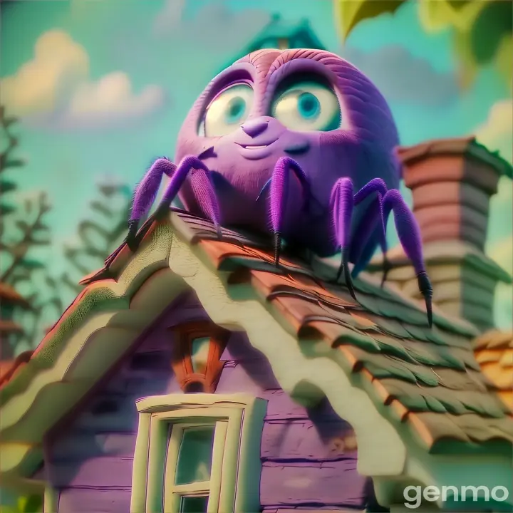 a purple spider sitting on top of a purple house looking up