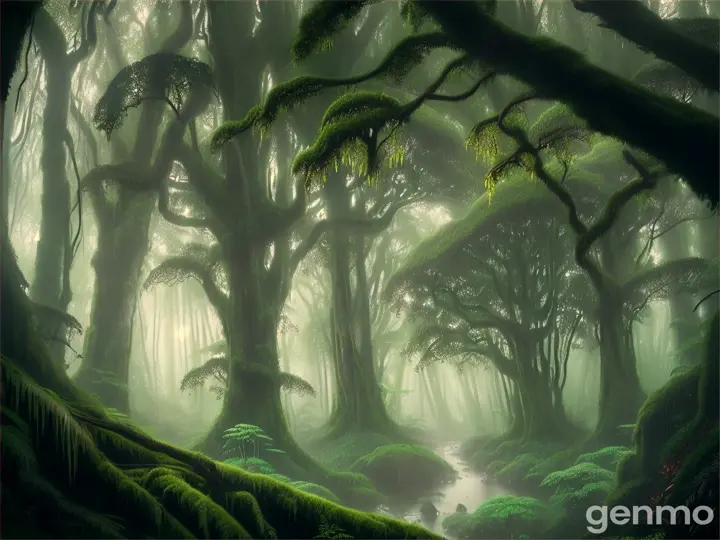 A view from below the canopy of a rainforest, rain drops falling through lush foliage