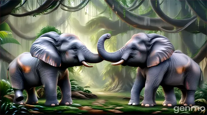 two elephants are touching trunks in a jungle