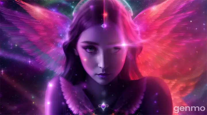 A cosmic angel with a violet and neon red background, surrounded by stars and planets