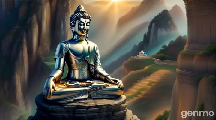 "The Buddha of serenity and peace, sitting on a clip. The true background with the ability to shine with a silver aura in the hometown. The dimension symbolizing the hero of the innocence and virtue he conveys along with the Buddha's proud smile." 16:9