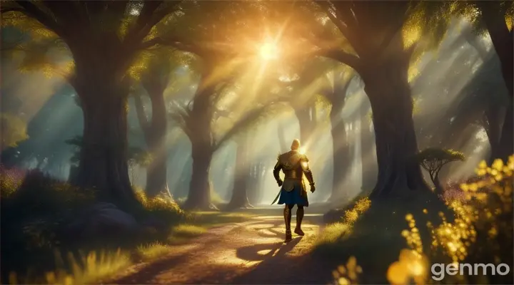 A golden figure with an aura walking amid a celestial garden, sunlight filtering through trees & lighting up the figure