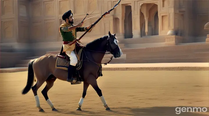 Qutb-ud-din training in archery and horse riding.Narration: "Under the tutelage of Muhammad Ghori, Qutb-ud-din's talents shone bright, earning him freedom and a place in the army."