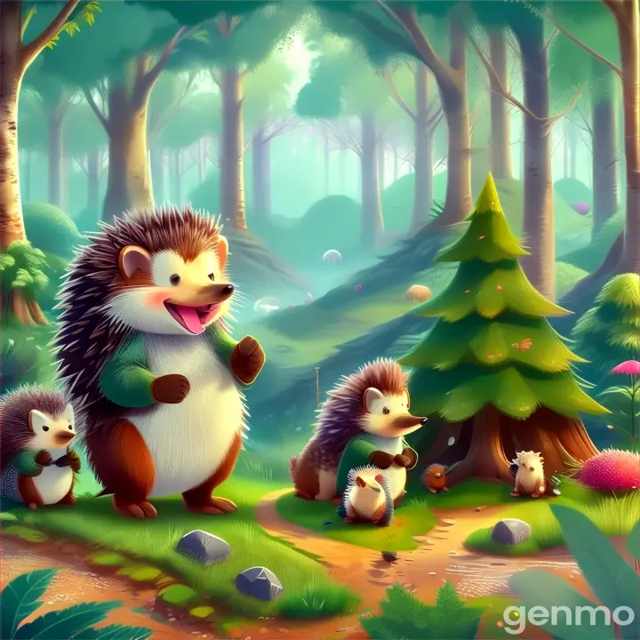 a group of hedgehogs standing in a forest