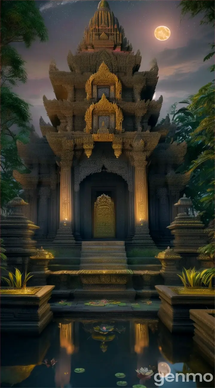 mossy temple steps with pond with lotus flowers, view from bottom,amazing south indian temple with big gopuram,night scene with moon and starry sky,dynamic lighting