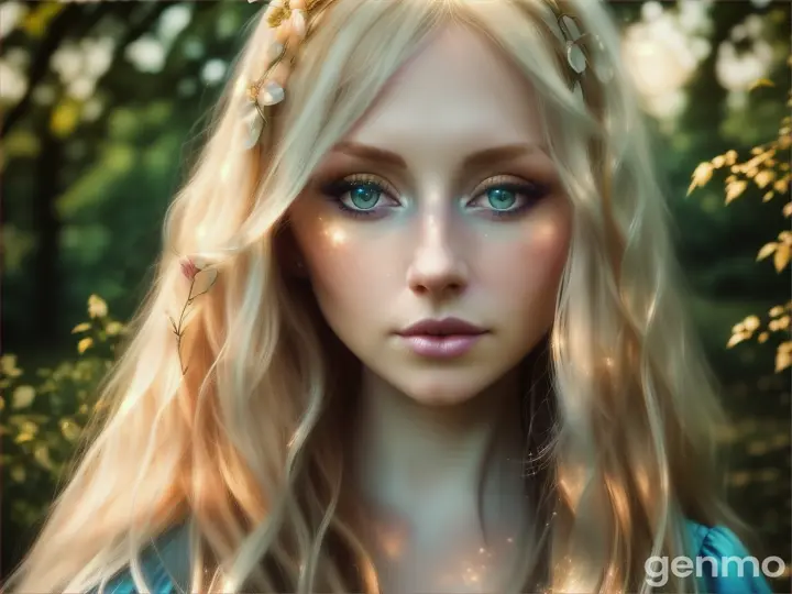 A beautiful pastel gothic woman with long rose=golden blonde hair, sparkling silver-blue eyes, in the lush green woodlands on a summer evening, stars, moon, ethereal, otherworldly