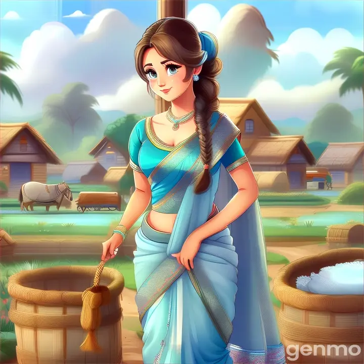 a beautiful girl wearing light blue saree ,with braid , working in field  in villge animation cartoon  zoom out 