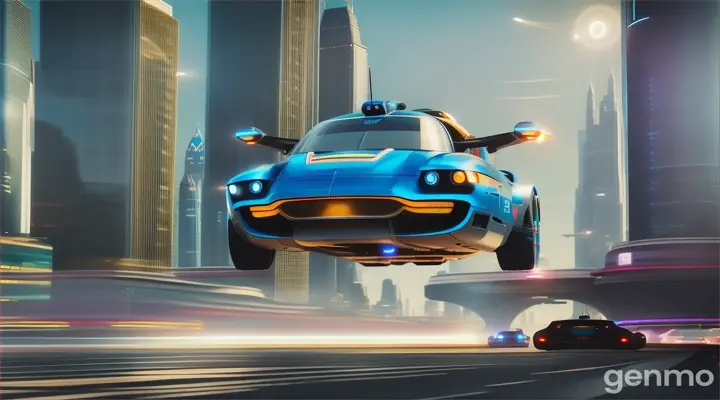 BRIGHT DAY, STREET OF A FUTURISTIC CITY WITH BLUE NEON LIGHTS AND SKYSCRAPERS, a futuristic flying machine flies above the street.