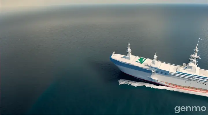 A drone view of a white modern warship of Pakistan Navy in a clear blue sky, deep blue water, a tattoo of the Pakistani flag on both wings of the warship, standing on the JF Thunder, is visible. The open sea nearby and the sea and sky in the distance are merging together. front tight side view