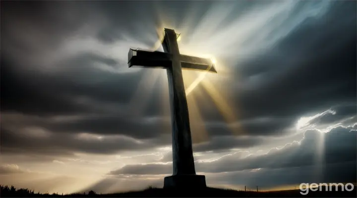 The cross of Jesus Christ in a dark field with dark clouds