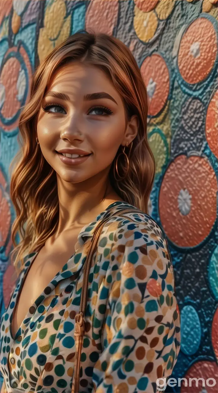 a woman standing in front of a colorful wall