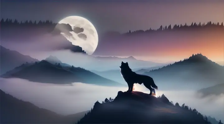 wolf silhouette on top of a mountain looking at the moon, fantasy theme, soft colors,  view from afar 