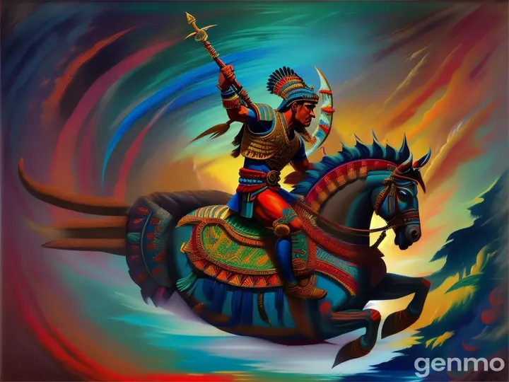 Stylized painting of a aztec warrior riding a massive fish, in the style of a classic masterpiece