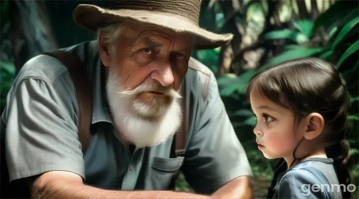 "An old man with a serious expression, narrating a story to a young girl. The background is filled with eerie shadows and a hint of the dark jungle."