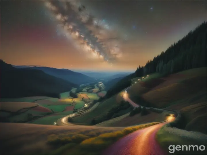 Tal und Berg mit weg und sternenhimmel