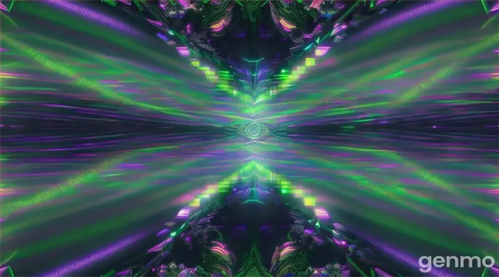 A mesmerizing blend of Buddhist and Hindu wireframe holographics, with neon green and neon purple colors dominating the scene. The wireframes morph and fractalize infinitely, creating hypergeometric patterns. The camera slowly zooms in, capturing the intricate details and the seamless transition between the two aesthetics. Futuristic and spiritual, vibrant and serene.
