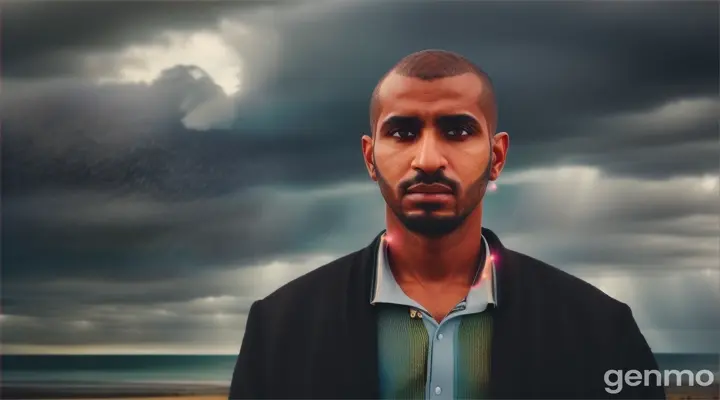 "A Muslim man stands firm in the midst of a storm, with dark clouds swirling around him. The man should have a calm and determined expression, a symbol of resilience. In the background, a light shines through the clouds, A symbol of hope and promise. Better times to come should be encouraging and uplifting overall, showing that the individual is enduring and overcoming challenges."