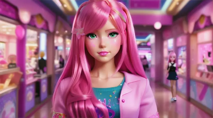   barbie with pink hair : shoping mall:anime: End screen with "I like, like everything" and confetti (4s)