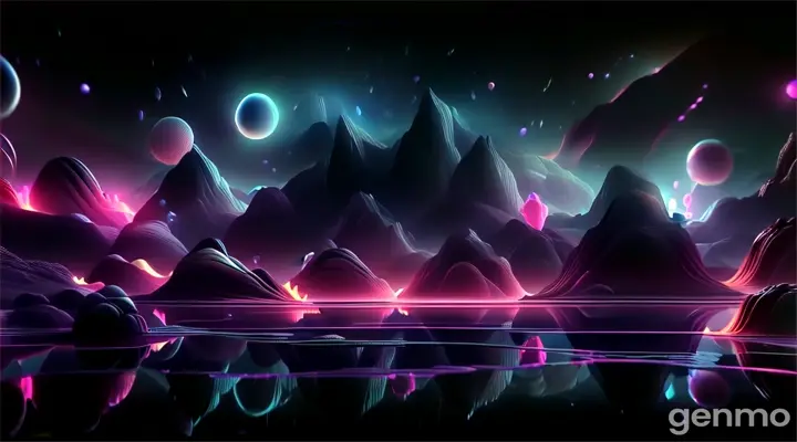 a futuristic landscape with mountains, rocks, and bubbles