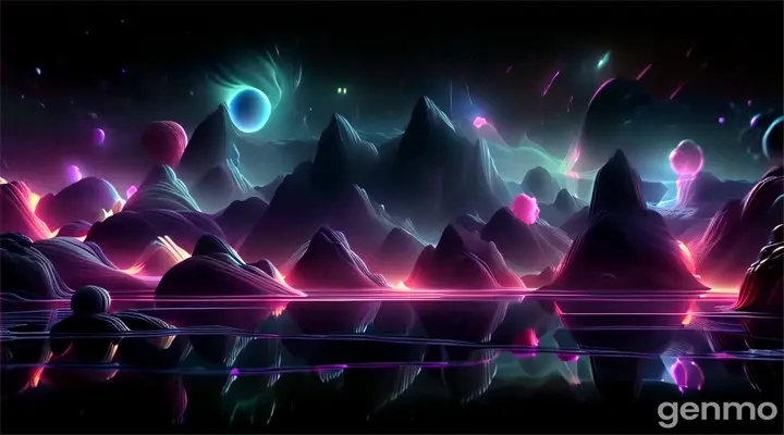 a futuristic landscape with mountains, rocks, and bubbles