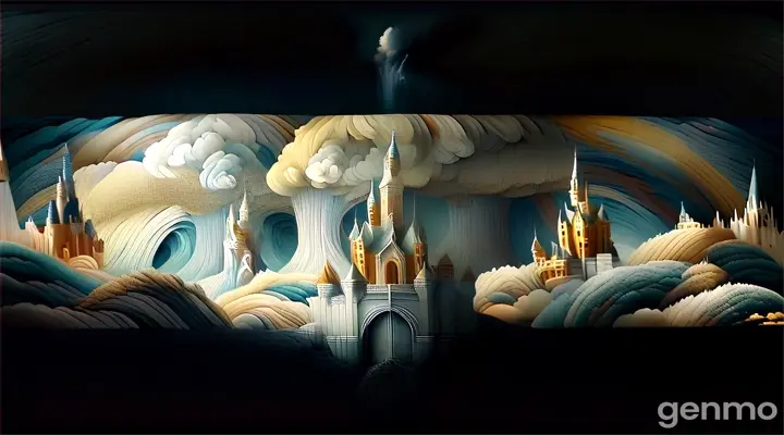 a painting of a castle surrounded by clouds