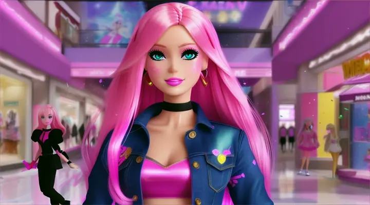 barbie with pink hair : shoping mall:anime:End screen with "I like, like everything" and confetti 