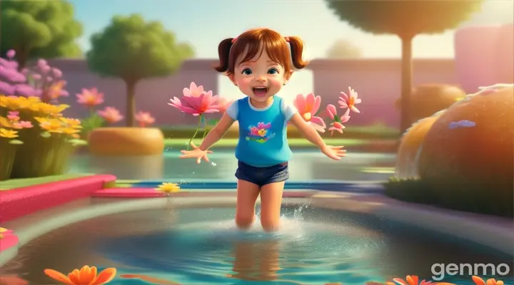 3d cartoon baby boss play jump in flower water girl play with him