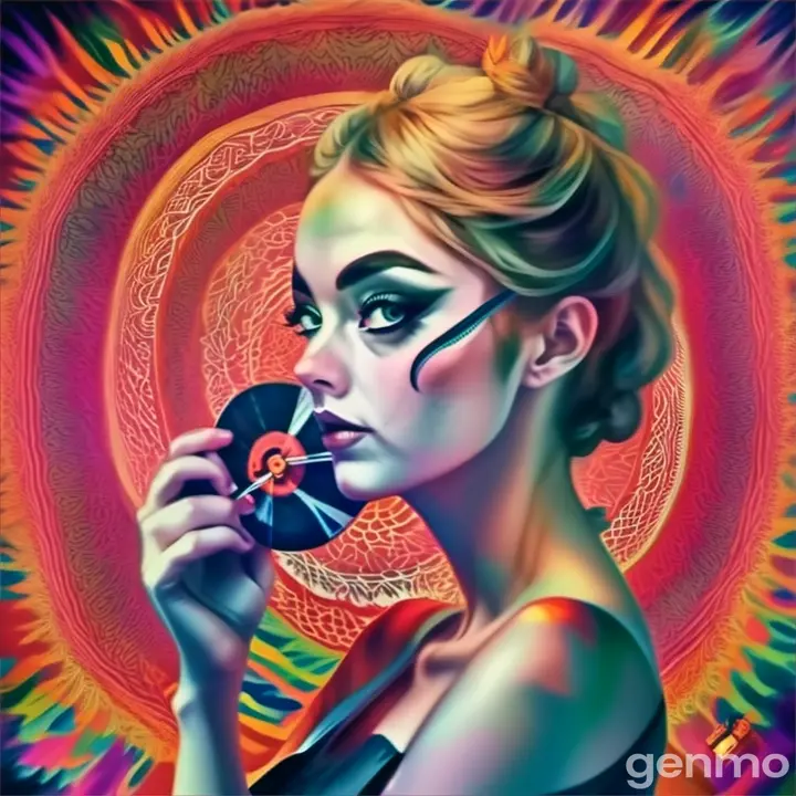 a painting of a woman holding a record