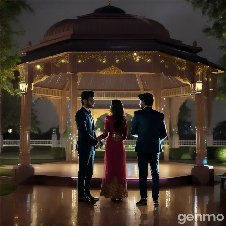 8k wide shot: Rainy night, a young Pakistani couple stands under a gazebo in a lavish hotel garden in Lahore. The man, in a tailored blazer and slim-fit jeans, and the woman, in a chic cocktail dress, exchange serious glances as rain pours around them, illuminated by soft garden lights.