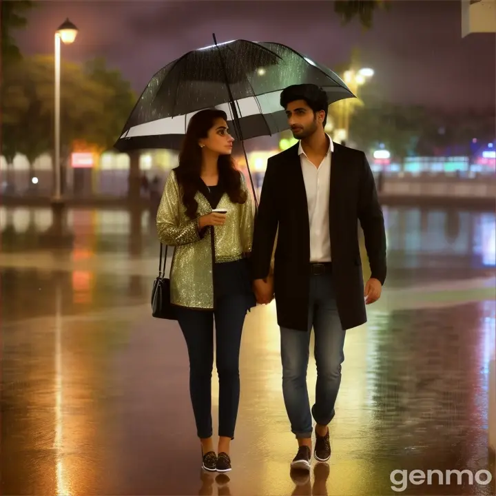 8k wide shot: Rainy night, a young Pakistani couple walks through an upscale park in Islamabad. The man, in a modern leather jacket and trousers, and the woman, in a trendy rainproof coat and jeans, walk hand in hand, their serious expressions softened by the rain. Soft streetlights cast a warm glow, creating a romantic and intimate setting.
