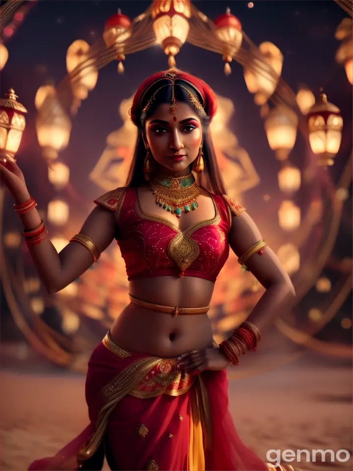 Indian dancer in red & gold, illuminated by moonlight in a desert oasis with colorful lanterns