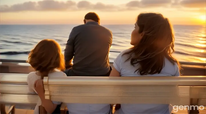 Shot 7: They sit on a bench facing the sea, the man gazing into the woman's eyes as he sings: