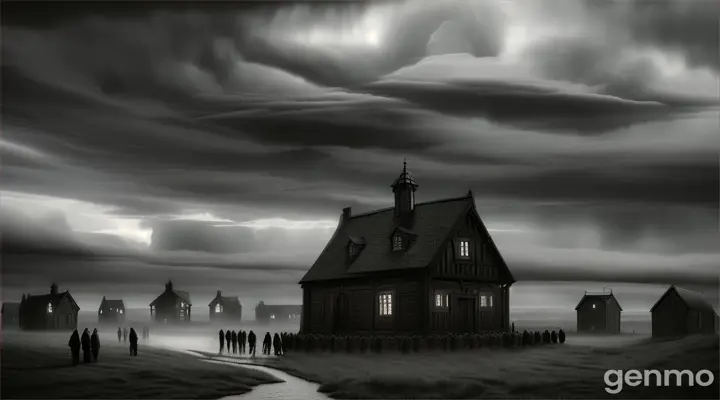 The sky darkens, and the villagers huddle in their homes