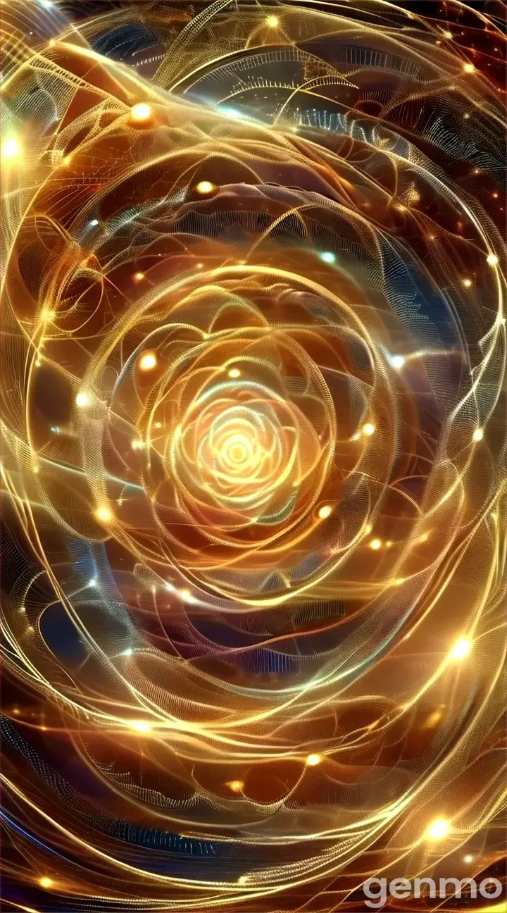 an abstract golden spiral with lights and stars in the background