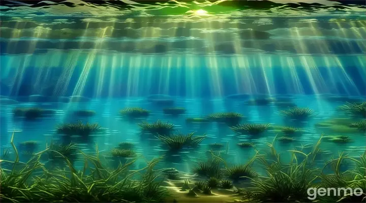 an underwater scene with grass and water