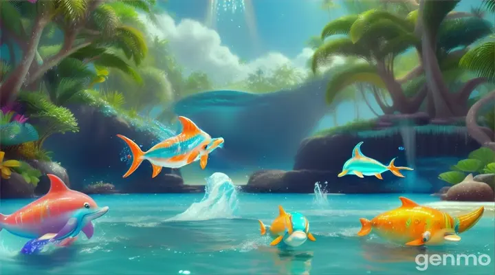 Dolphins joyfully swimming and splashing in a tropical lagoon while a child character claps and dances to the sound of a ukulele