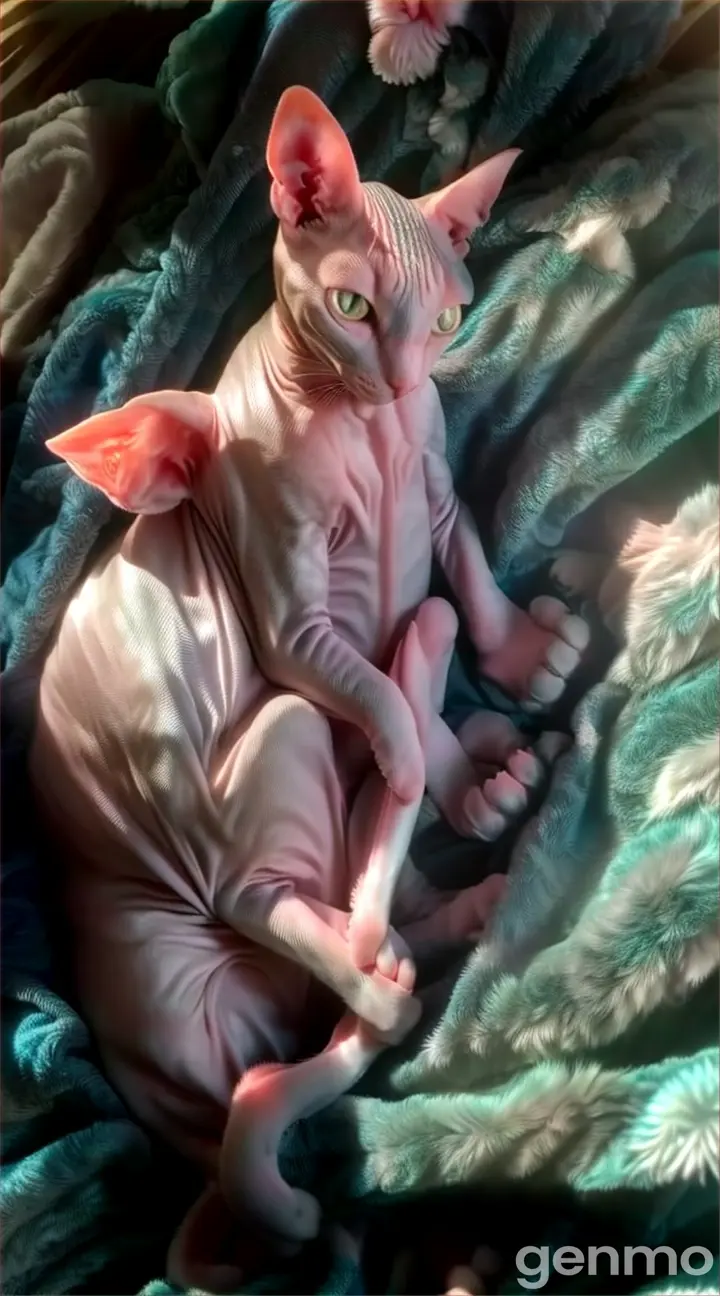 a hairless cat sitting on top of a blanket