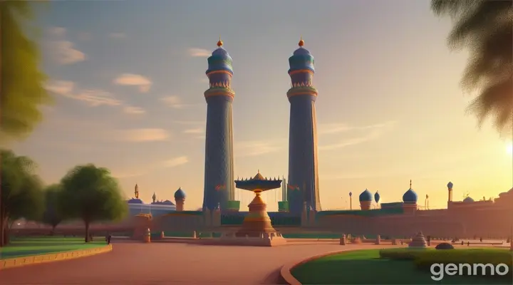 A 3D Disney-inspired fantasy world emerging from the Minar-e-Pakistan in the soft morning light 3 d animatid Disney inspired 