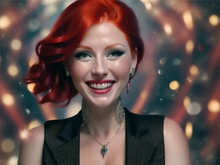 Lauging red head  woman in sleeveless tuxedo hypnotic background shiny shoulders, hypnotizing viewer shiny shoulders man focus up close wearing magic crystal jewel 