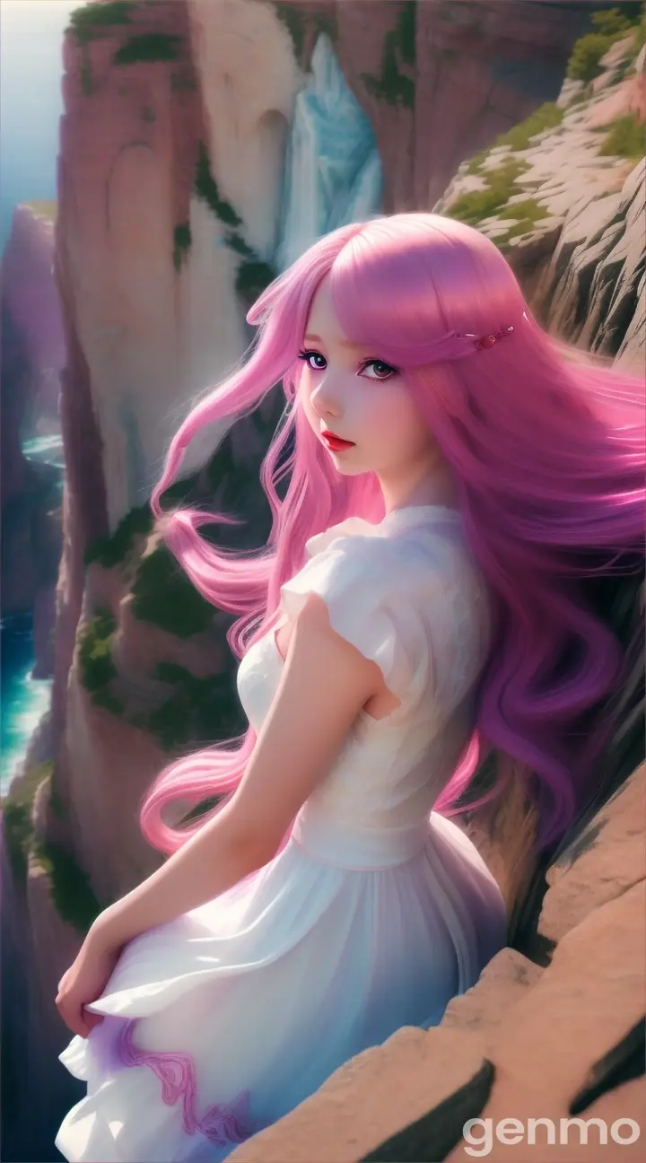 create a only face anime-style high quality of the of a woman character falling from a cliff with flowy hair, a white dress an teeth and a scared expression on her face.Young woman Character: young woman with long pink flowy hair, red lips, fair skin and shiny purple eyes . close up zoom, Frame: 9:16. The scene must be only about the character's face while falling into  the sky